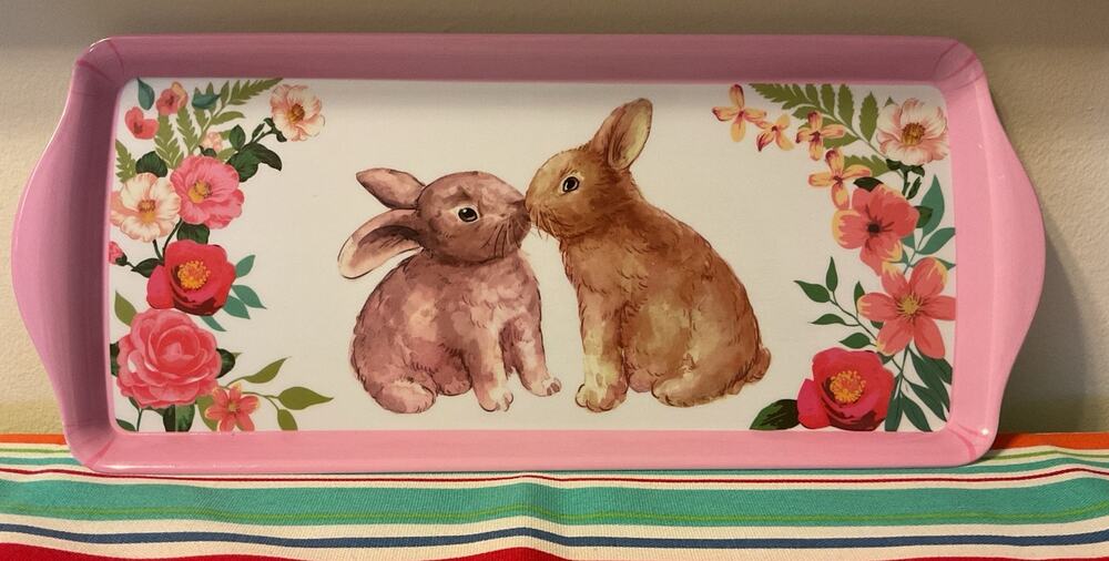 Vintage Rabbit Floral MELAMINE Serving Tray Platter Pink White Multi